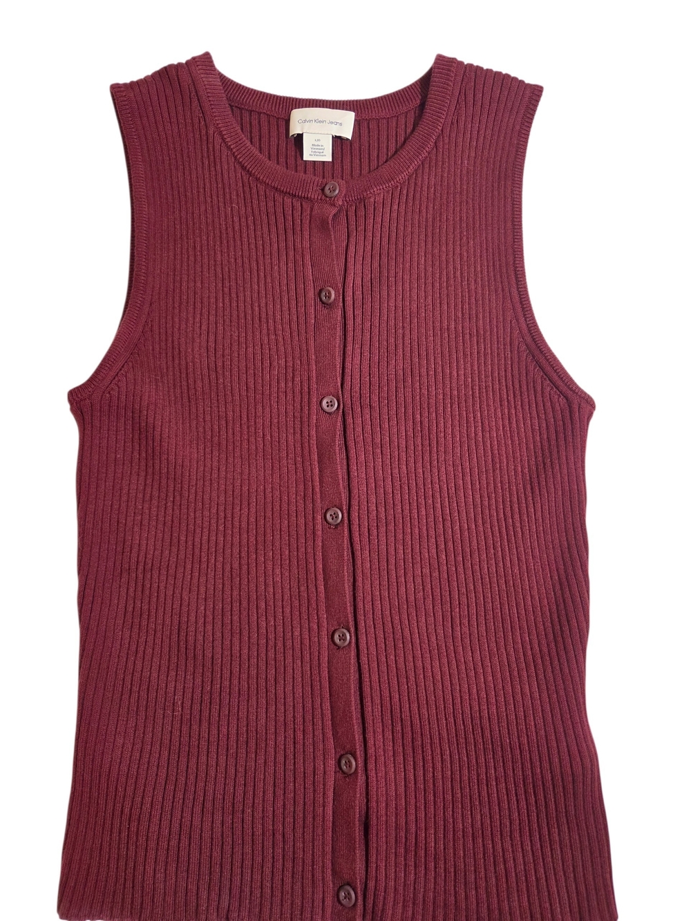 Calvin Klein Jeans Maroon Ribbed Sleeveless Button Front Sweater Top L